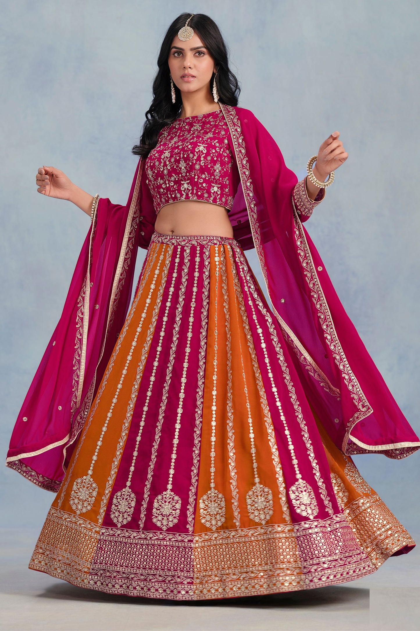Pink & Orange Faux Georgette Embroidered Festival Designer Lehenga choli