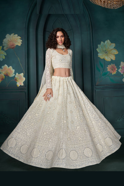 Engagement Outfit Wear White Colored Net Lehenga Choli With Designer Dupatta, Stone & Embroidery Worked Attractive Lehenga Choli - Marriott Fashion