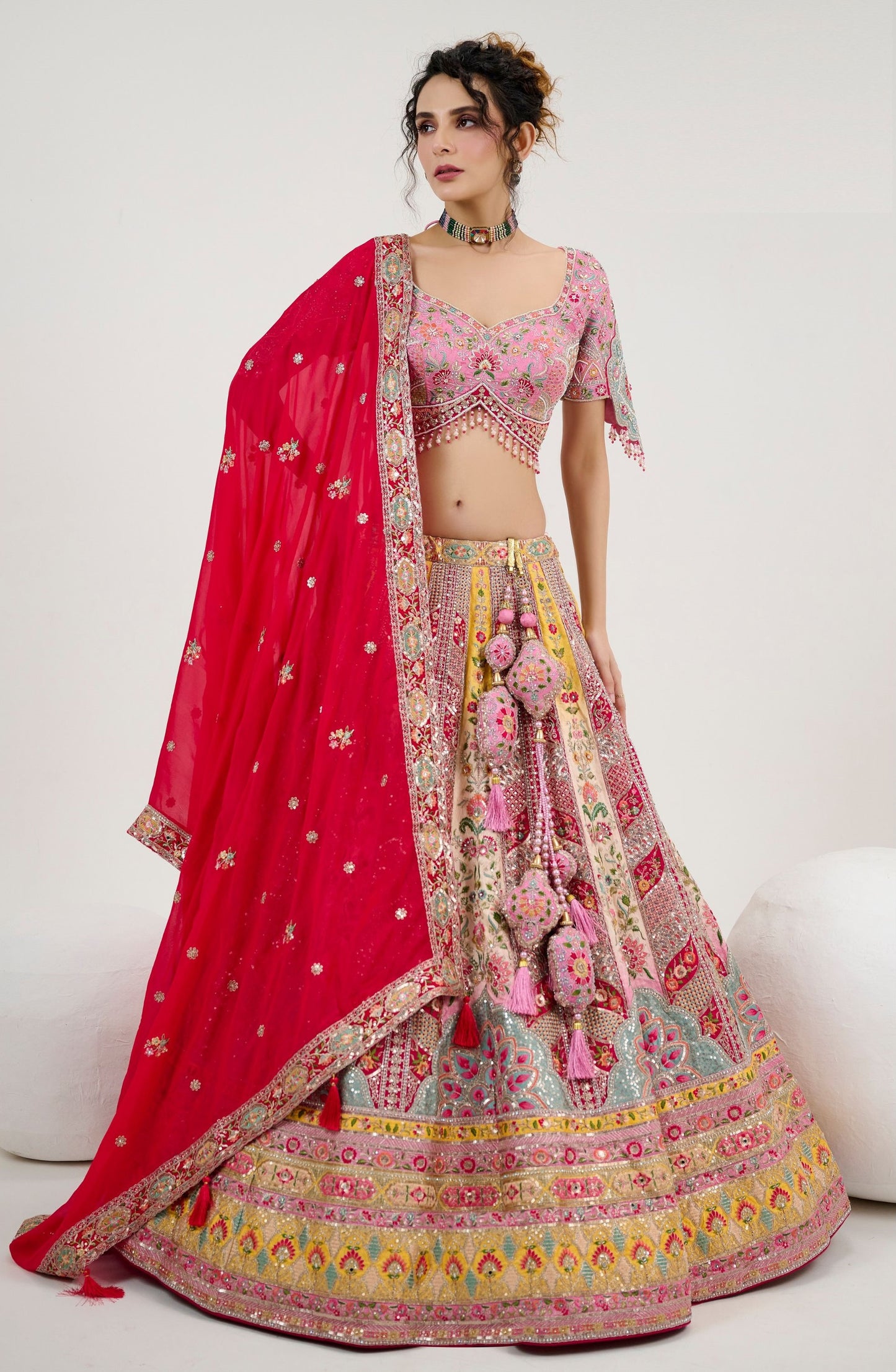 Bridesmaids Wedding Designer Heavy Velvet Lehenga Choli With Yellow Colored Georgette Dupatta - Marriott Fashion