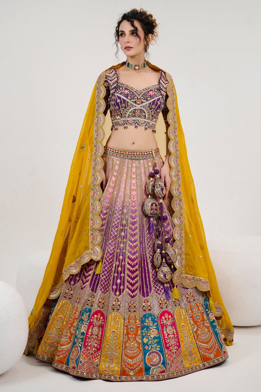 Bridesmaids Wedding Designer Heavy Velvet Lehenga Choli With Yellow Colored Georgette Dupatta - Marriott Fashion