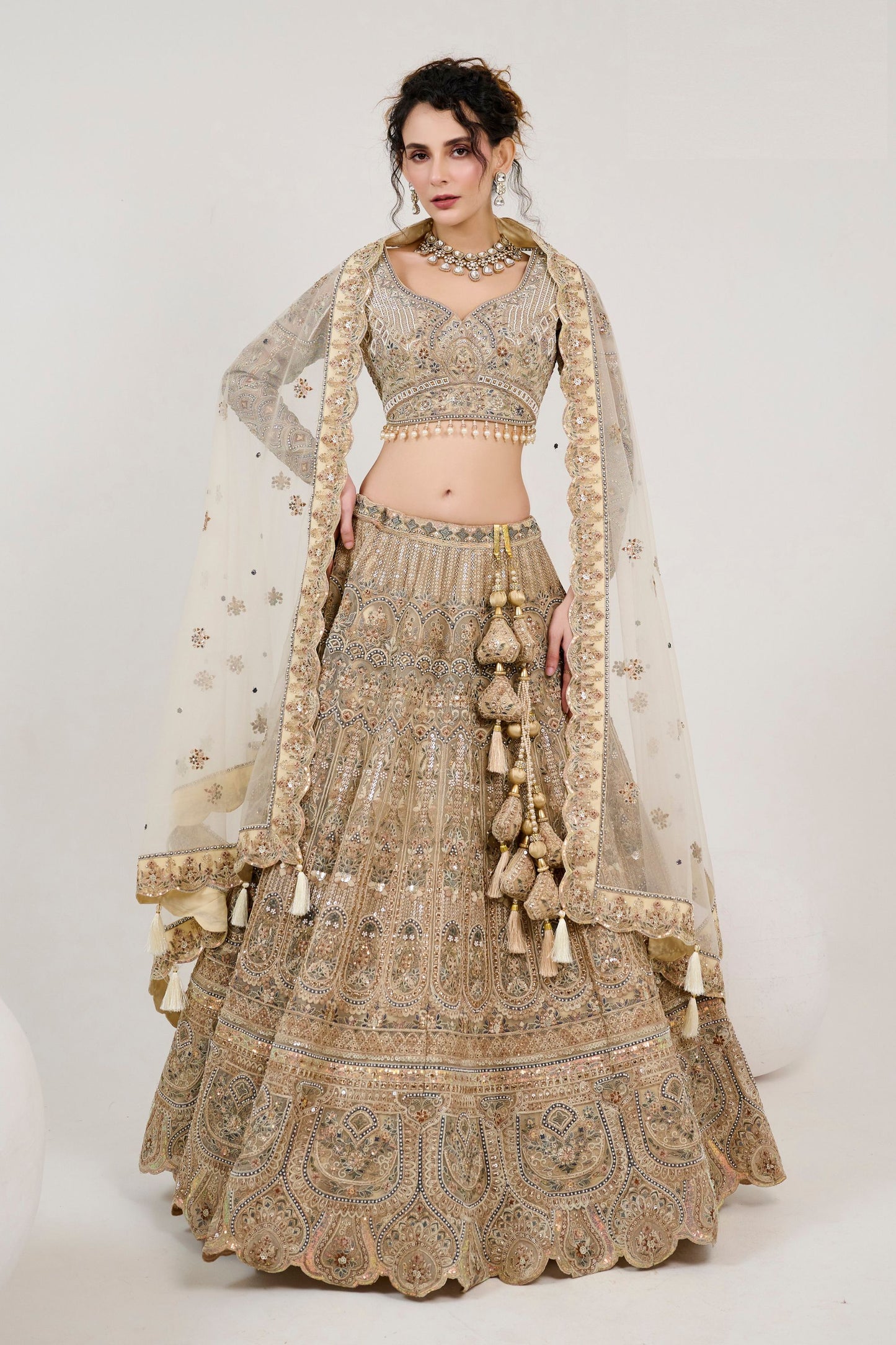 Golden Colored Bridesmaid Wear Heavy Net Lehenga Choli With Designer Blouse Piece And Dupatta - Marriott Fashion