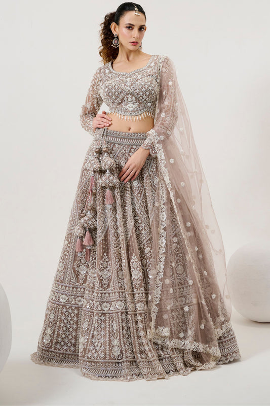 Brown Colored Net Lehenga Choli, Beads Worked Blouse Piece With Dupatta - Marriott Fashion