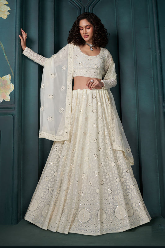 Engagement Outfit Wear White Colored Net Lehenga Choli With Designer Dupatta, Stone & Embroidery Worked Attractive Lehenga Choli - Marriott Fashion