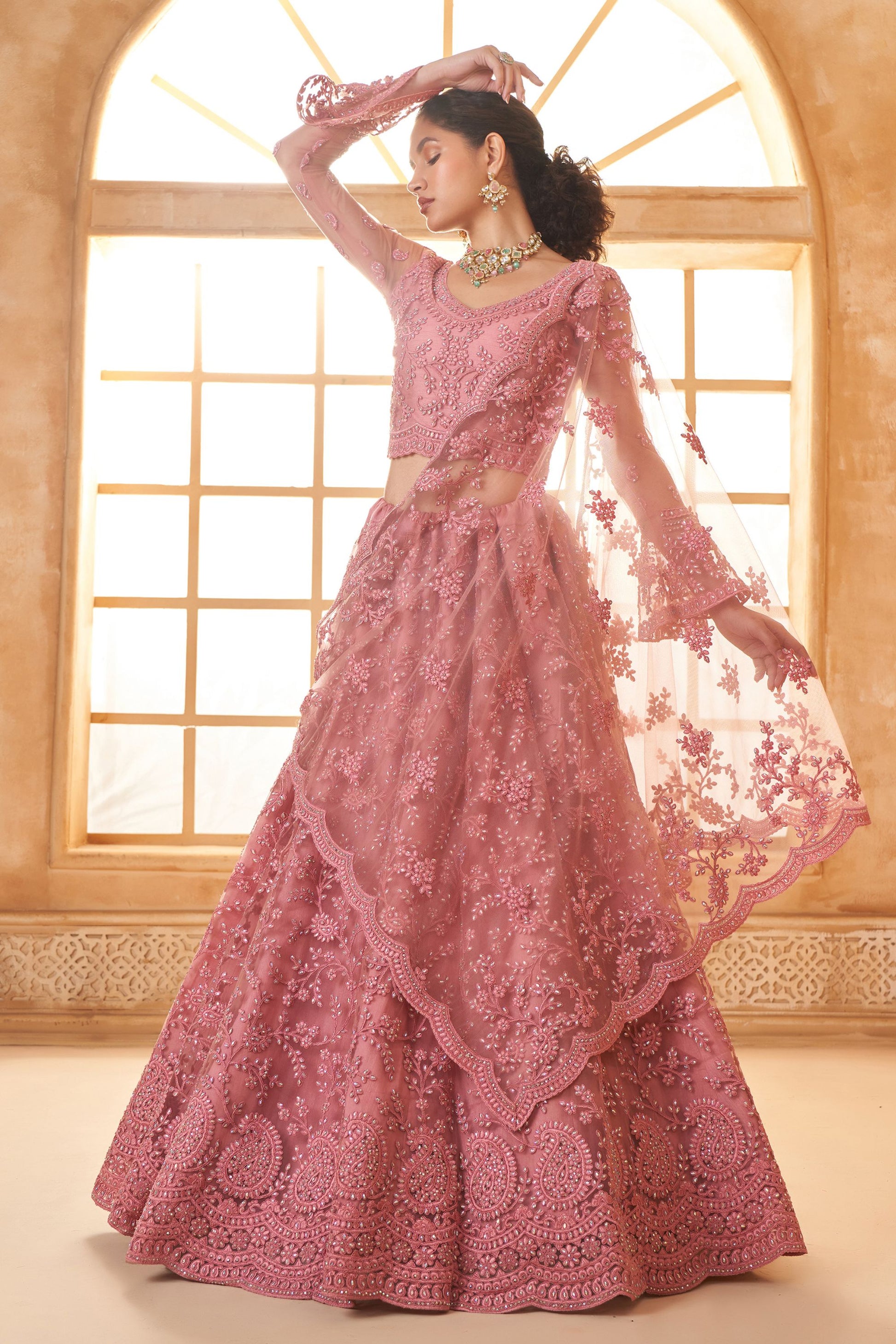 Pink Colored Heavy Net Lehenga Choli With Embroidery Worked Dupatta, Engagement Wear Lehenga Choli - Marriott Fashion