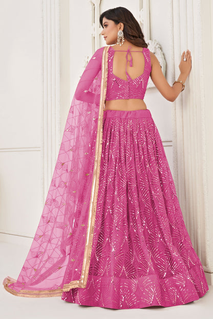 Pink Heavy Net Thread & Embroidery Worked Wedding Function Wear Lehenga Choli