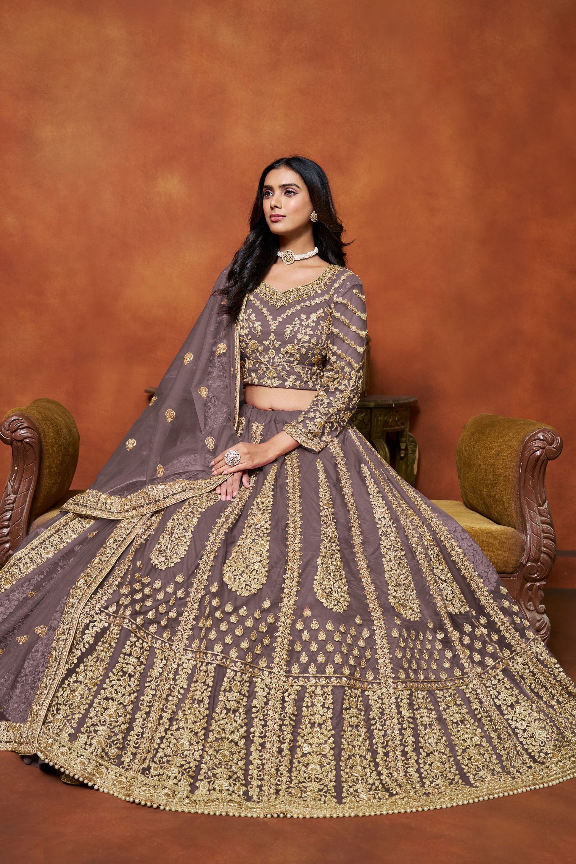 Purple Colored Heavy Net Lehenga With Embroidery & Thread Worked Designer Dupatta - Marriott Fashion