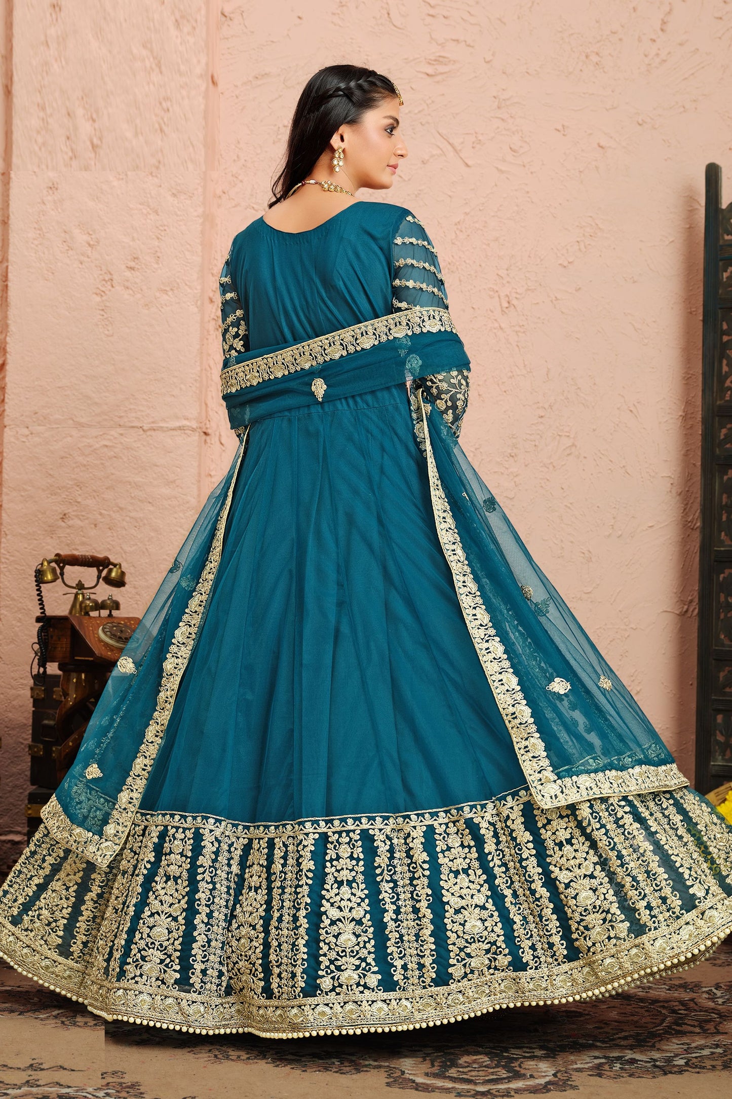 Blue Heavy Net Embroidery Worked Pakistani Wedding & Function Wear Anarkali Gown