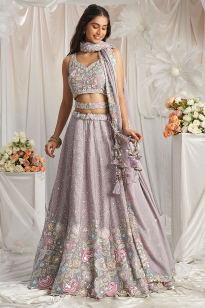 Mauve Poly Chiffon Sequence & Thread Worked Lehenga choli For Engagement & Festival Wear Lehenga Choli