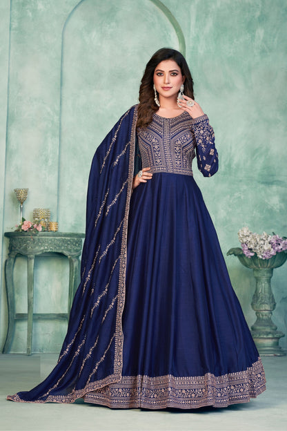 Blue Art Silk Heavy Embroidery Worked Wedding& Festival Wear Long Salwar Kameez