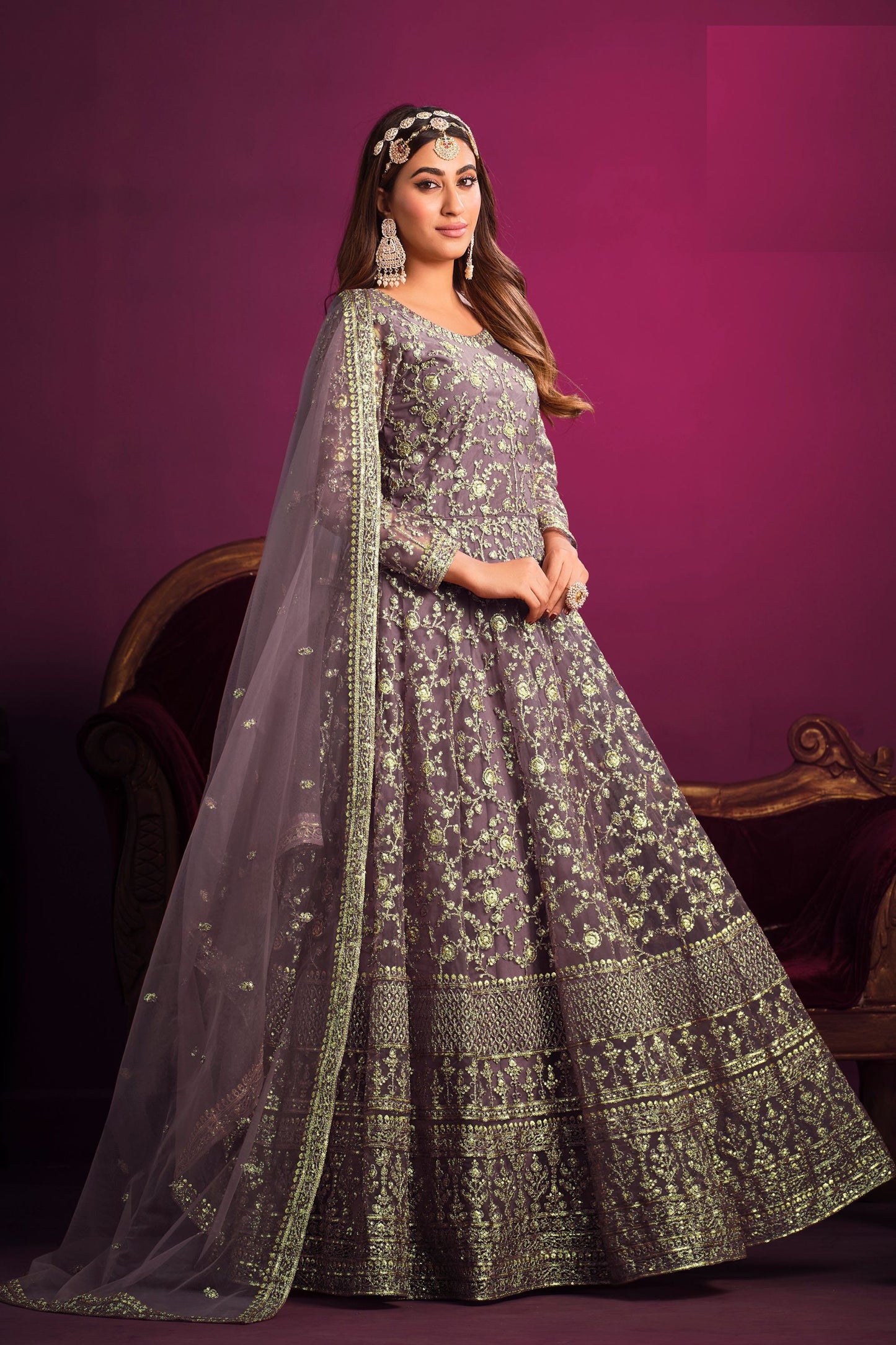 Wedding Party Wear Purple Colored Net Salwar Kameez, Santool Bottom And Designer Dupatta - Marriott Fashion