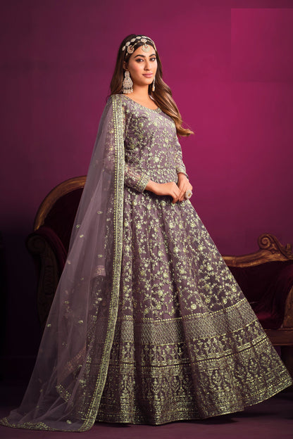 Wedding Party Wear Purple Colored Net Salwar Kameez, Santool Bottom And Designer Dupatta - Marriott Fashion