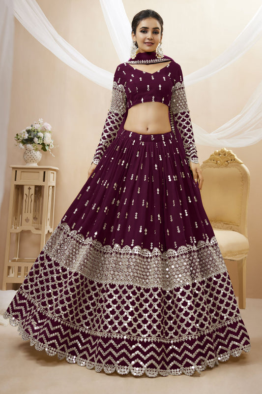 Attractive Wine Colored Heavy Georgette Lehenga Choli With Embroidery Worked Dupatta - Marriott Fashion