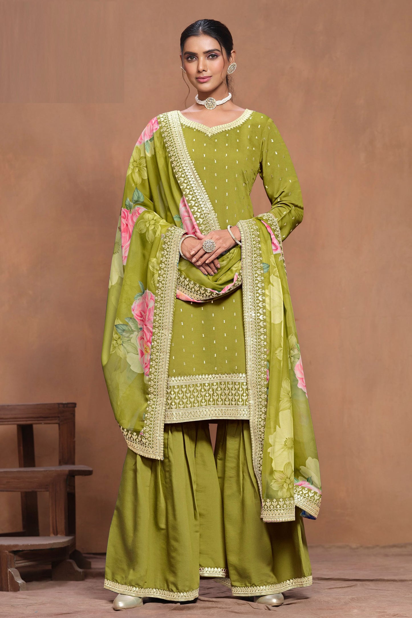 Olive green Heavy Silk Embroidery Worked Indian Festival Wear Palazzo Suit