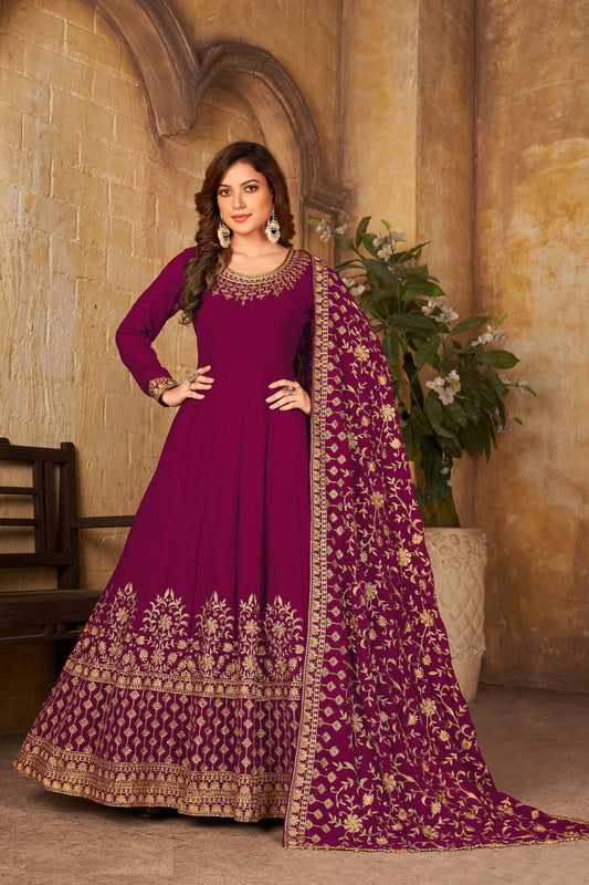 Rani Pink Heavy Georgette Embroidery Worked Wedding & Festival Wear Anarkali Gown