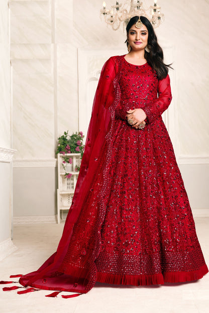 Attractive Red Heavy Net Embroidery Worked Wedding & Festival Wear Anarkali Gown