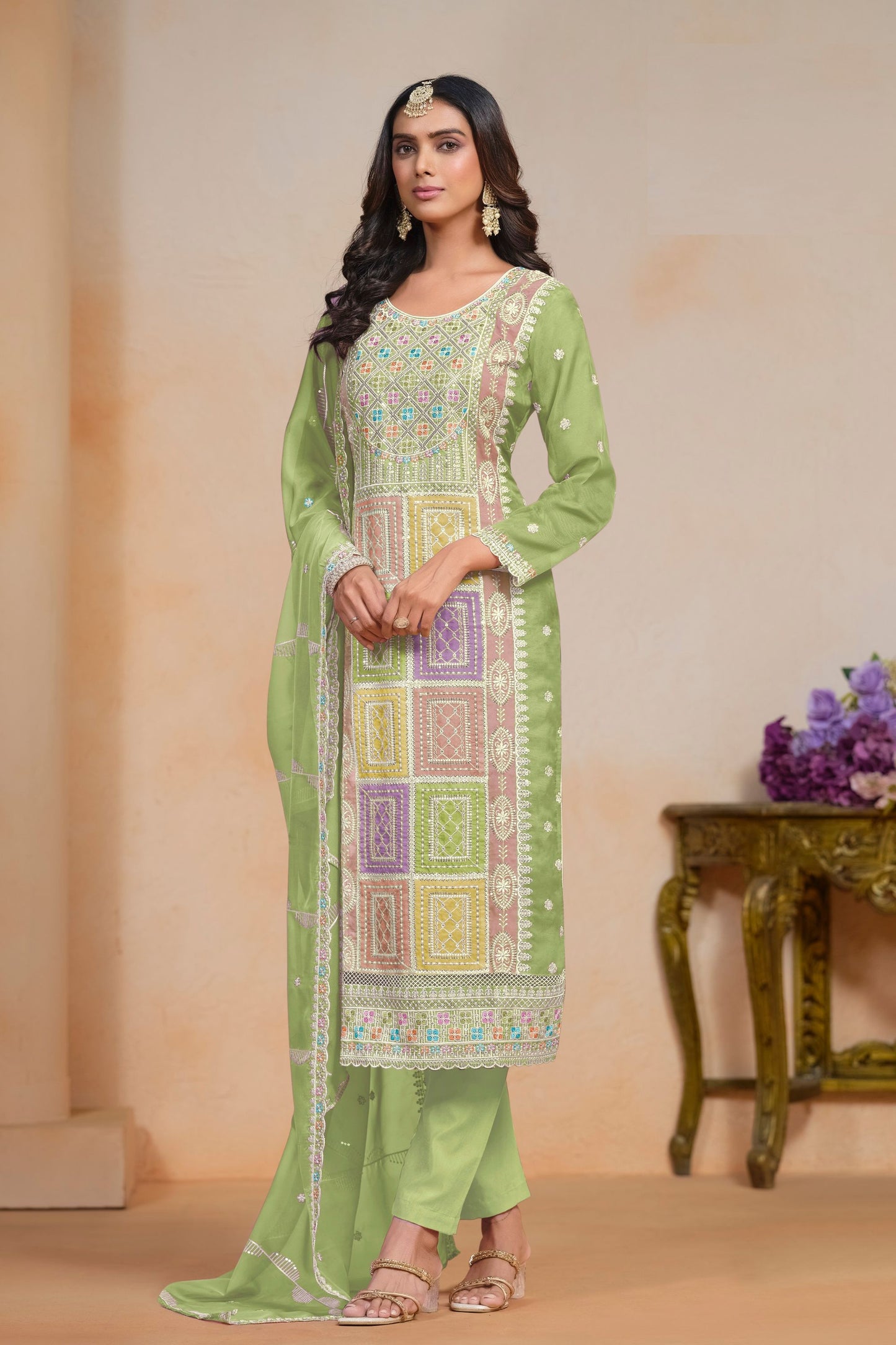 Most Beautiful Pista Colored Salwar Suit In Soft Organza With Embroidery Worked Dupatta , Attractive Salwar Suits - Marriott Fashion