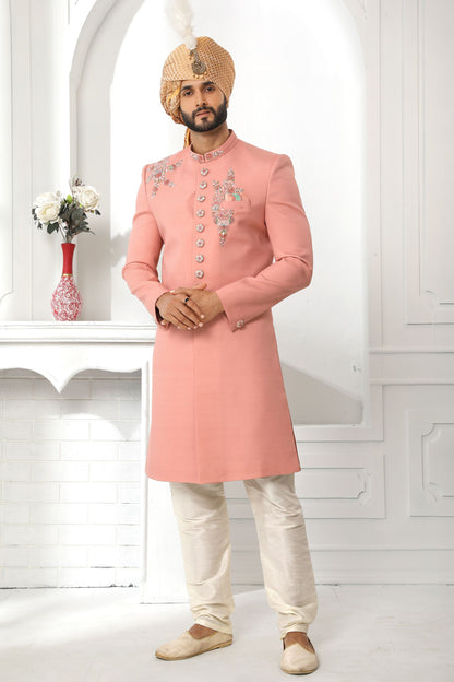 Designer Cream Heavy Art Silk Embroidery Worked Wedding & Festival Wear Sherwani