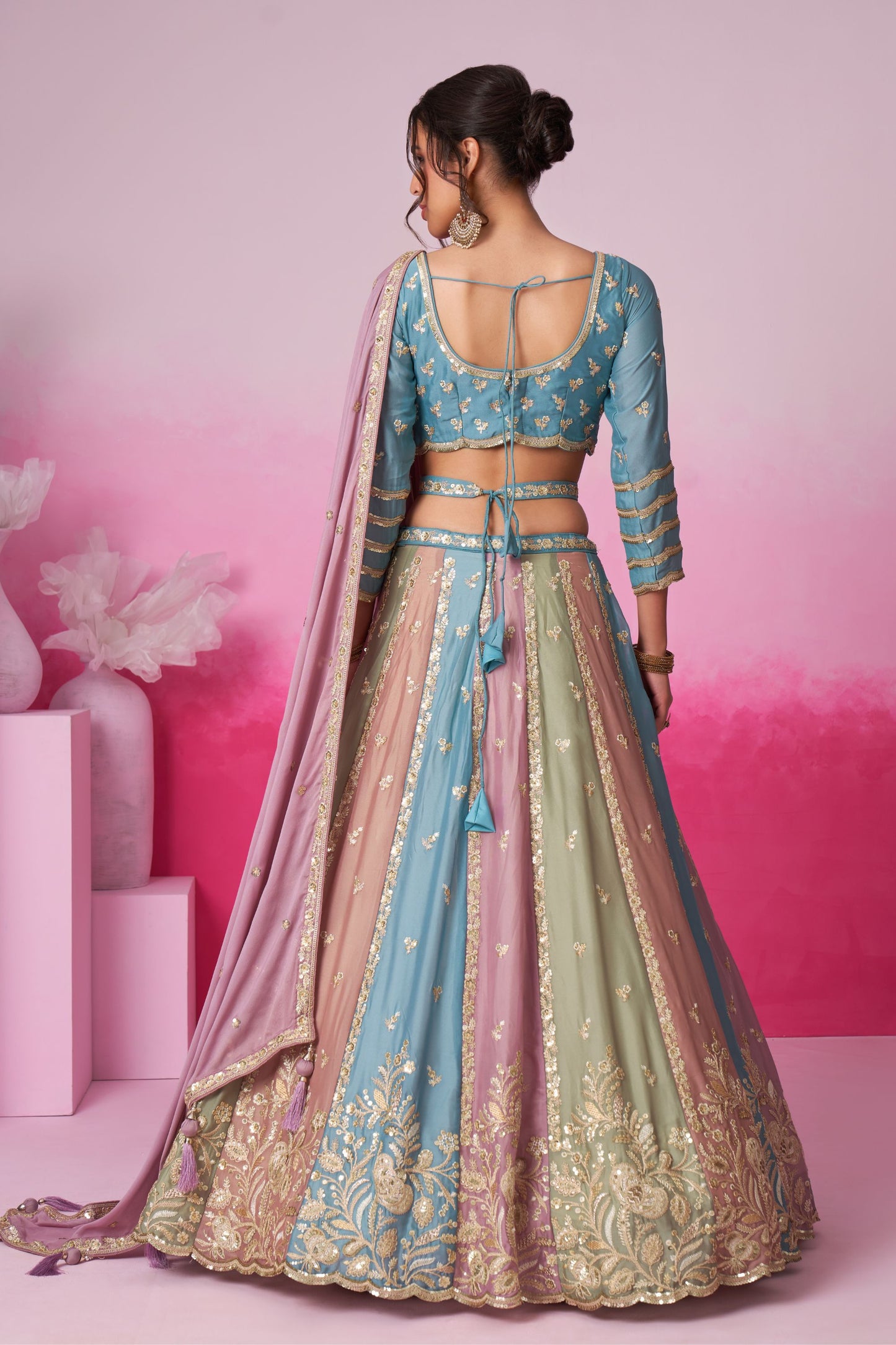 Turquoise Heavy Chiffon Embroidery Worked Wedding Wear Attractive Lehenga Choli