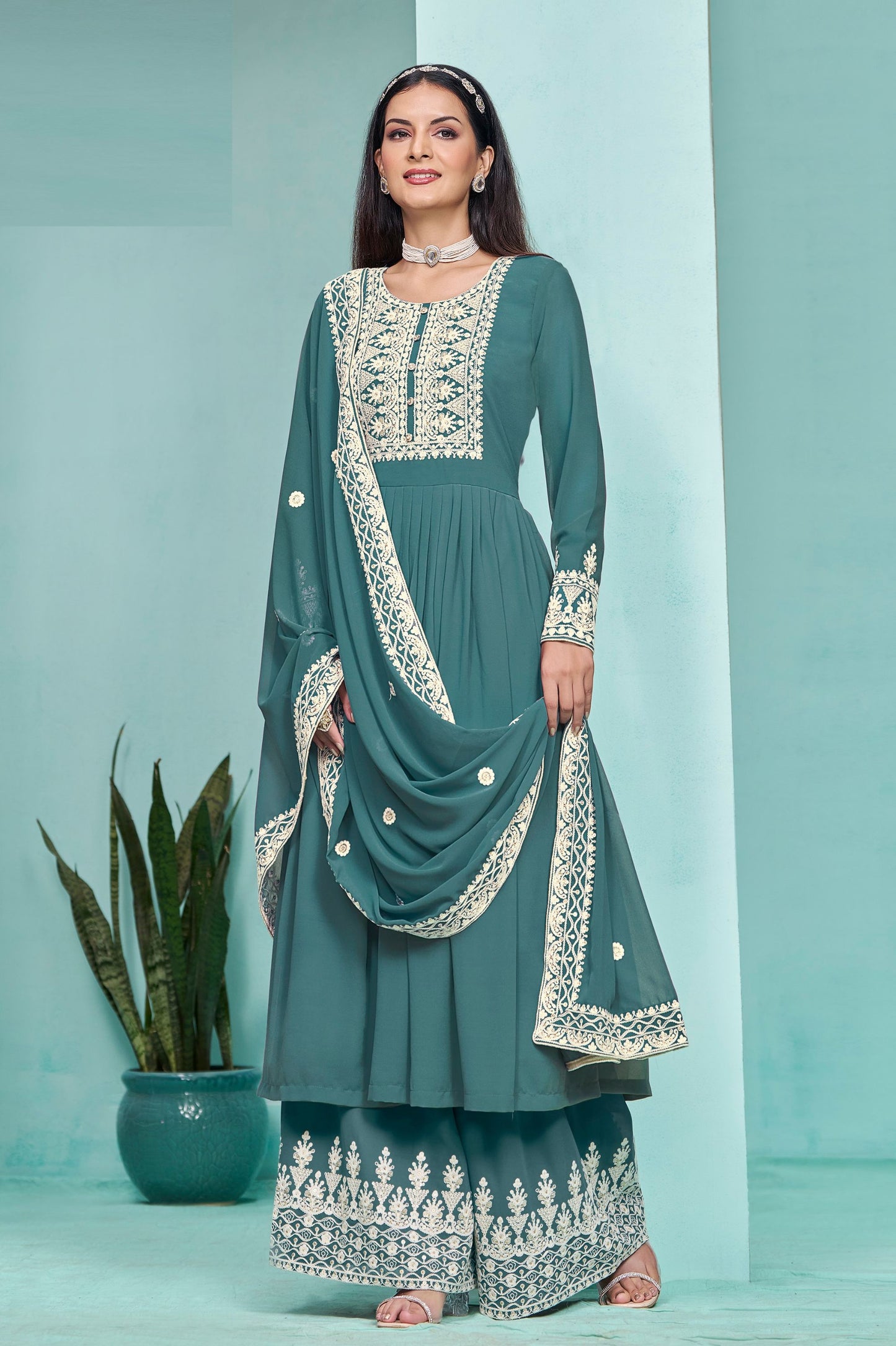 Rama Green Georgette Salwar Suits Thread &amp; Embroidery Work For Indian Wedding & Festival Wear Long Dress