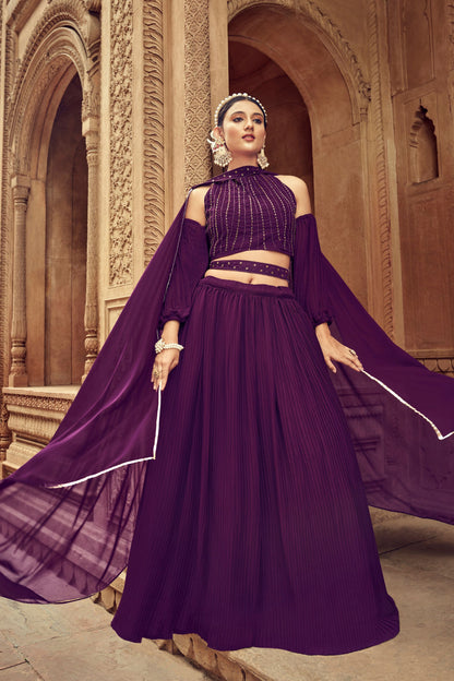 Purple Faux Georgette Embroidery Worked Wedding Wear Ready Made Lehenga Choli