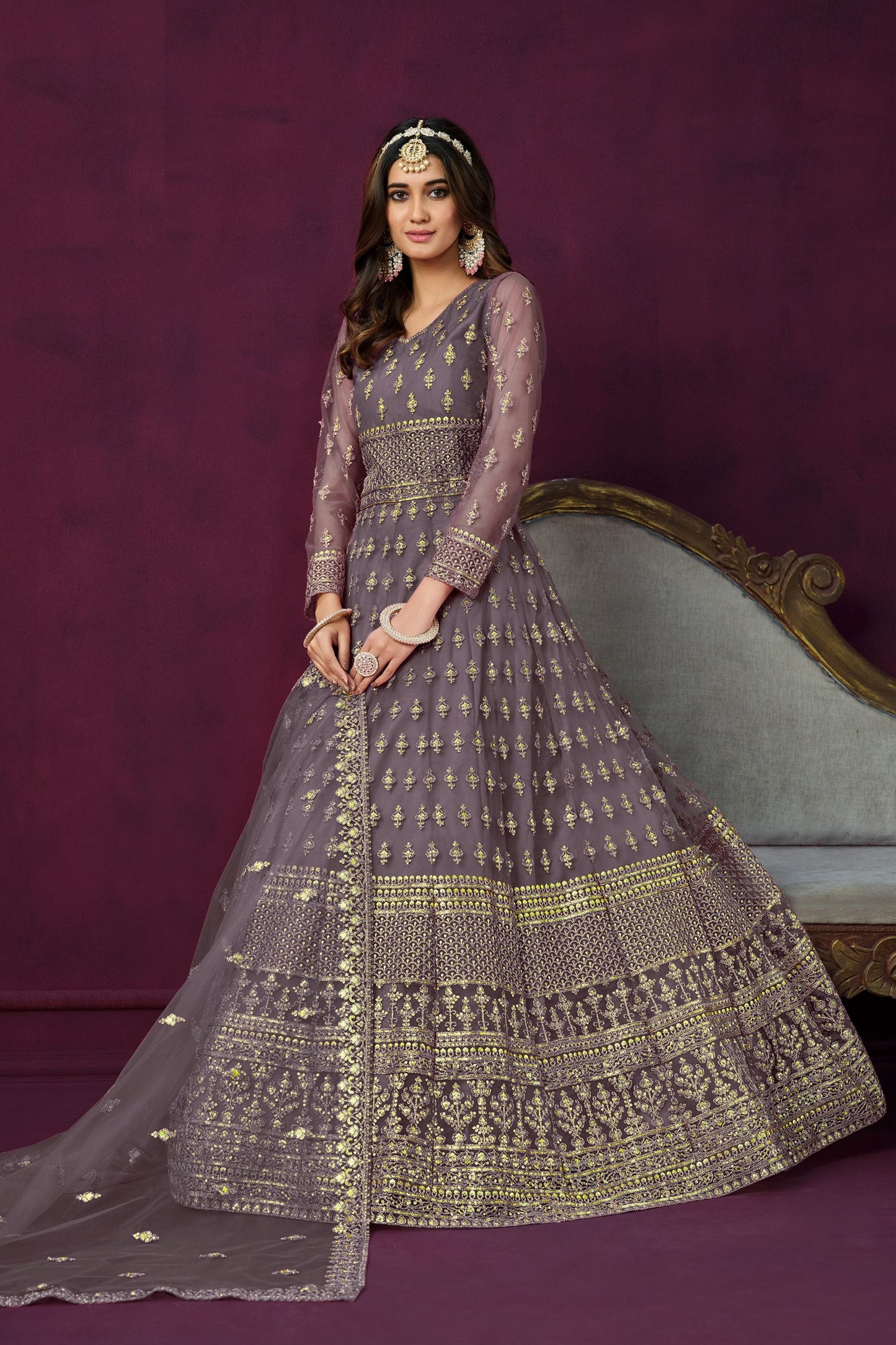 Purple Fancy Net Embroidered Work for Indian Wedding & Party Wear Long Anarkali Gown