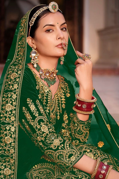 Green 9000 Velvet Embroidery Worked For Indian Wedding & Festival Anarkali Gown