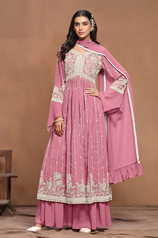 Pink Faux Georgette Embroidery Worked Wedding & Festival Wear Sharara Suits