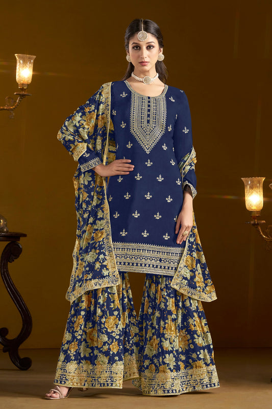 Blue Heavy Chinon Palazzo Suits With Designer Printed Dupatta, Festival Wear Dresses