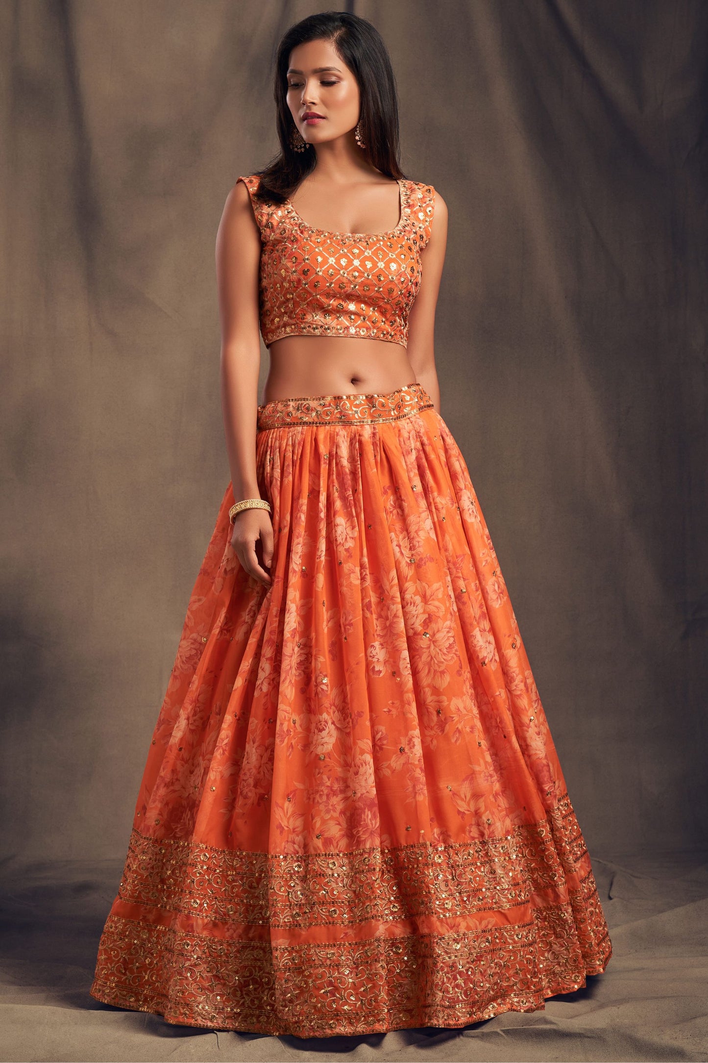 Orange Printed Organza Sequence And Zari Worked Indian Wedding & Festival Wear Lehenga Choli