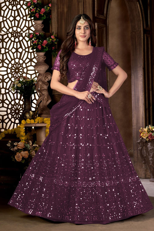 Wine Heavy Net Sequence Worked Wedding And Party Wear Lehenga Choli