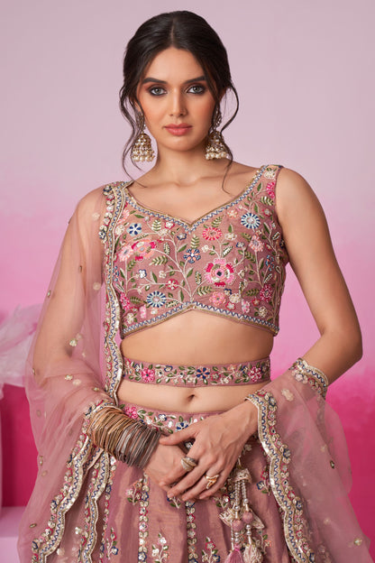 Rose Gold Heavy Net Sequence Worked Wedding Wear Lehenga Choli