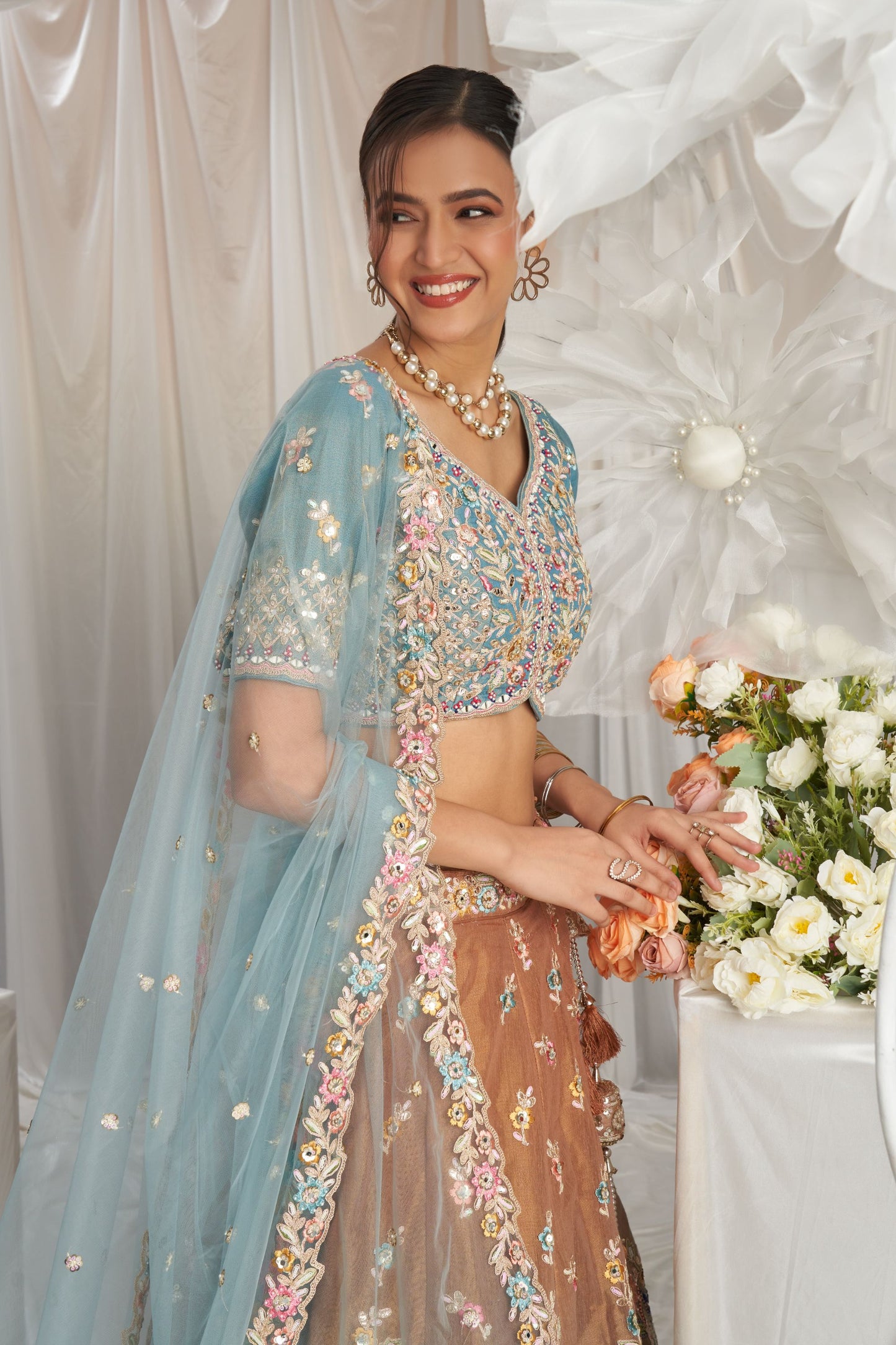 Turquoiseblue Tissue Silk Moti& Embroidery Worked Wedding Function Wear Lehenga Choli