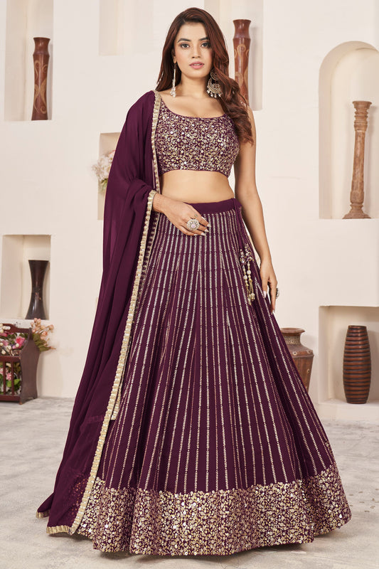 Wine Colored Heavy Georgette Lehenga Choli With Beautiful Dupatta, Indian Function Wear Floral Lehenga Choli - Marriott Fashion