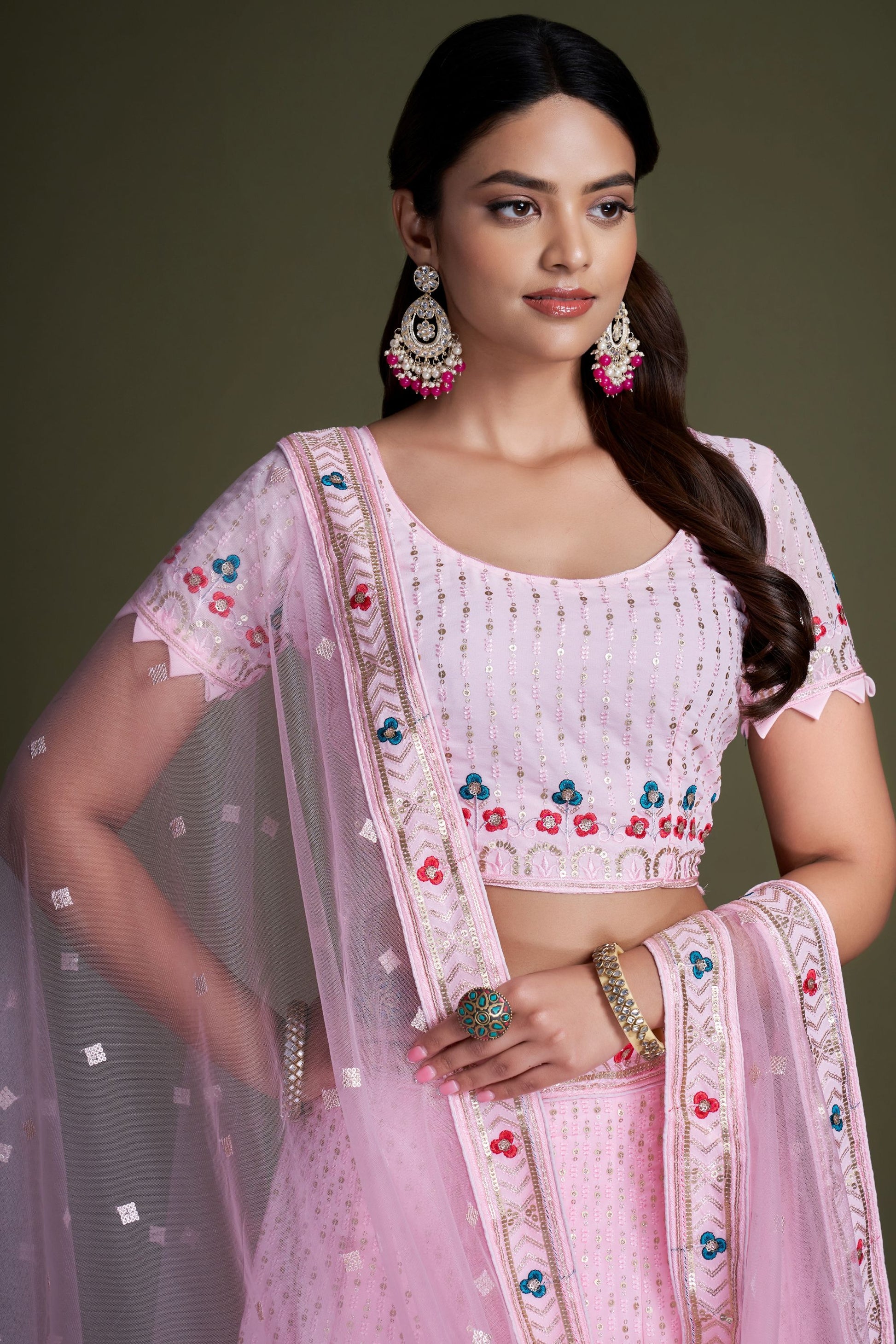 Baby Pink Faux Georgette Lehenga Choli With Embroidery & Sequence Worked Dupatta, Floral Outfit Wear Trendy Lehenga Choli - Marriott Fashion