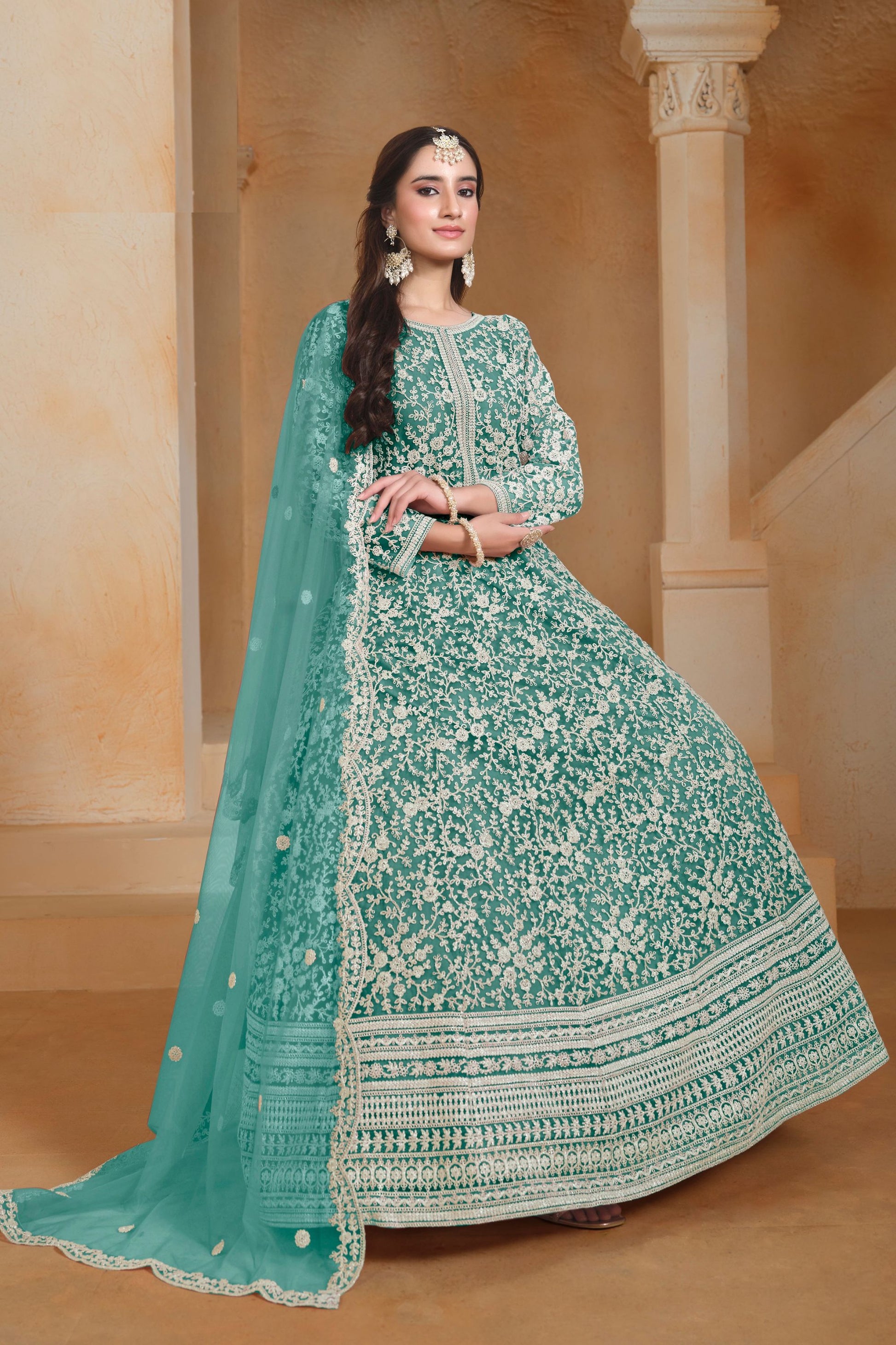 Sea Green Colored Heavy Net Anarkali Gown , Wedding & Reception Outfit Wear Pakistani Salwar Kameez - Marriott Fashion