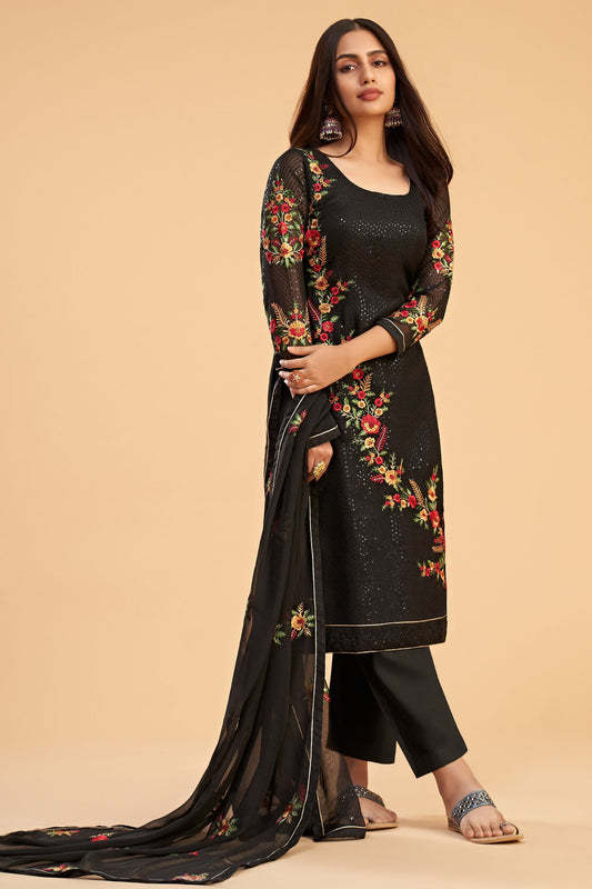 Black Heavy Georgette Multi Thread Worked Festival Wear Salwar Kameez