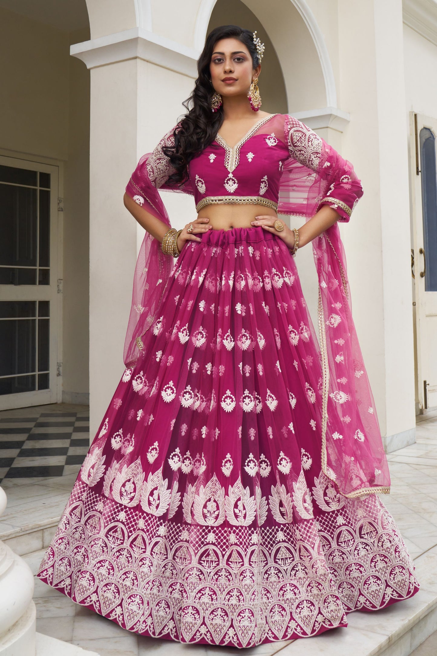 Dark Pink Colored Butterfly Net Lehenga Choli With Beautiful Dupatta , Floral Outfit Wear Lehenga Choli - Marriott Fashion