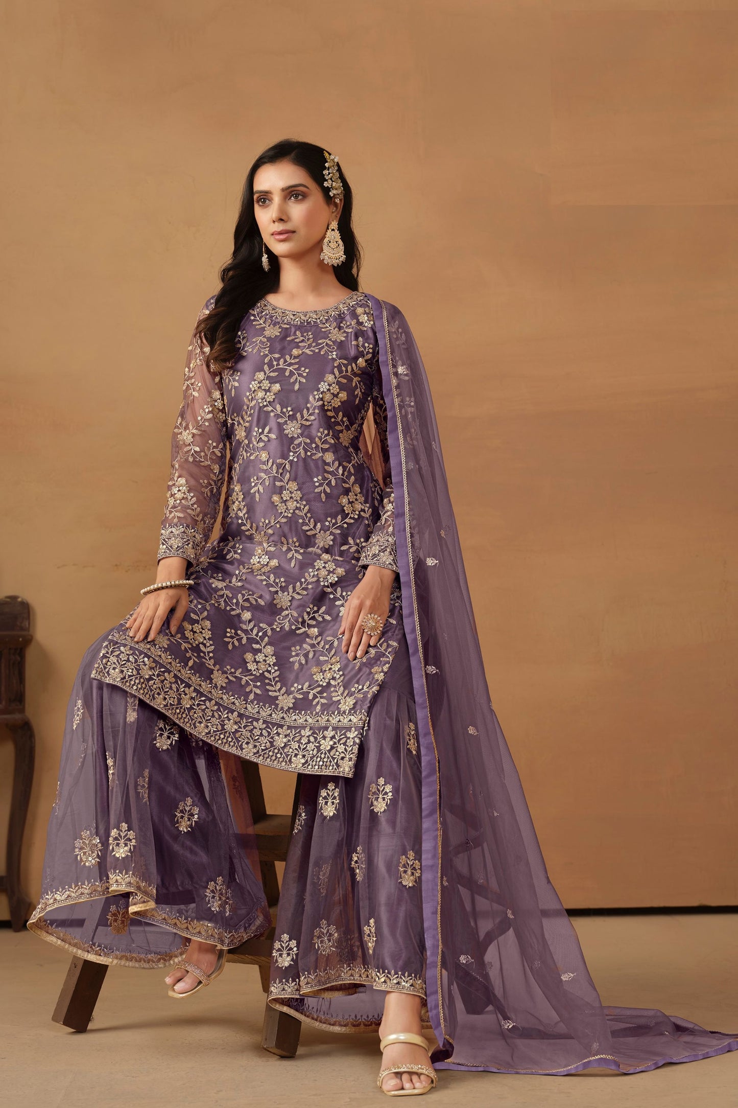 Purple Colored Beautiful salwar Suit In Heavy Net With Embroidery Worked Dupatta, Festival Wear salwar Kameez - Marriott Fashion