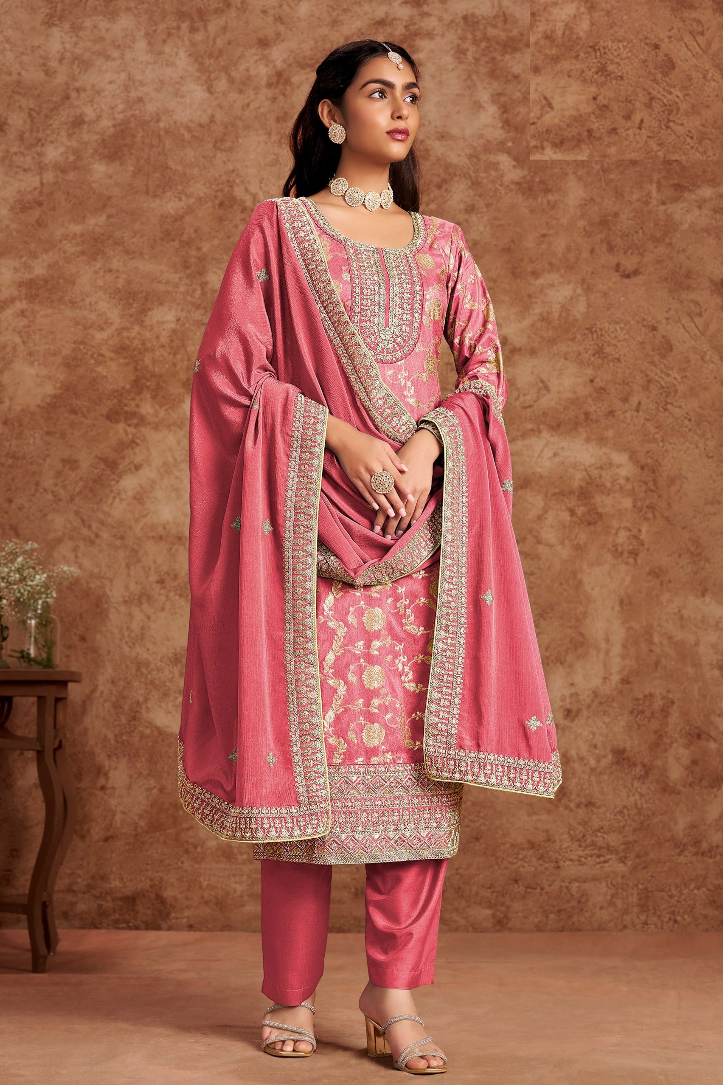 Baby Pink Heavy Dola Silk Jacquard Embroidery Worked For Indian Wedding & Festival Wear Salwar Kameez