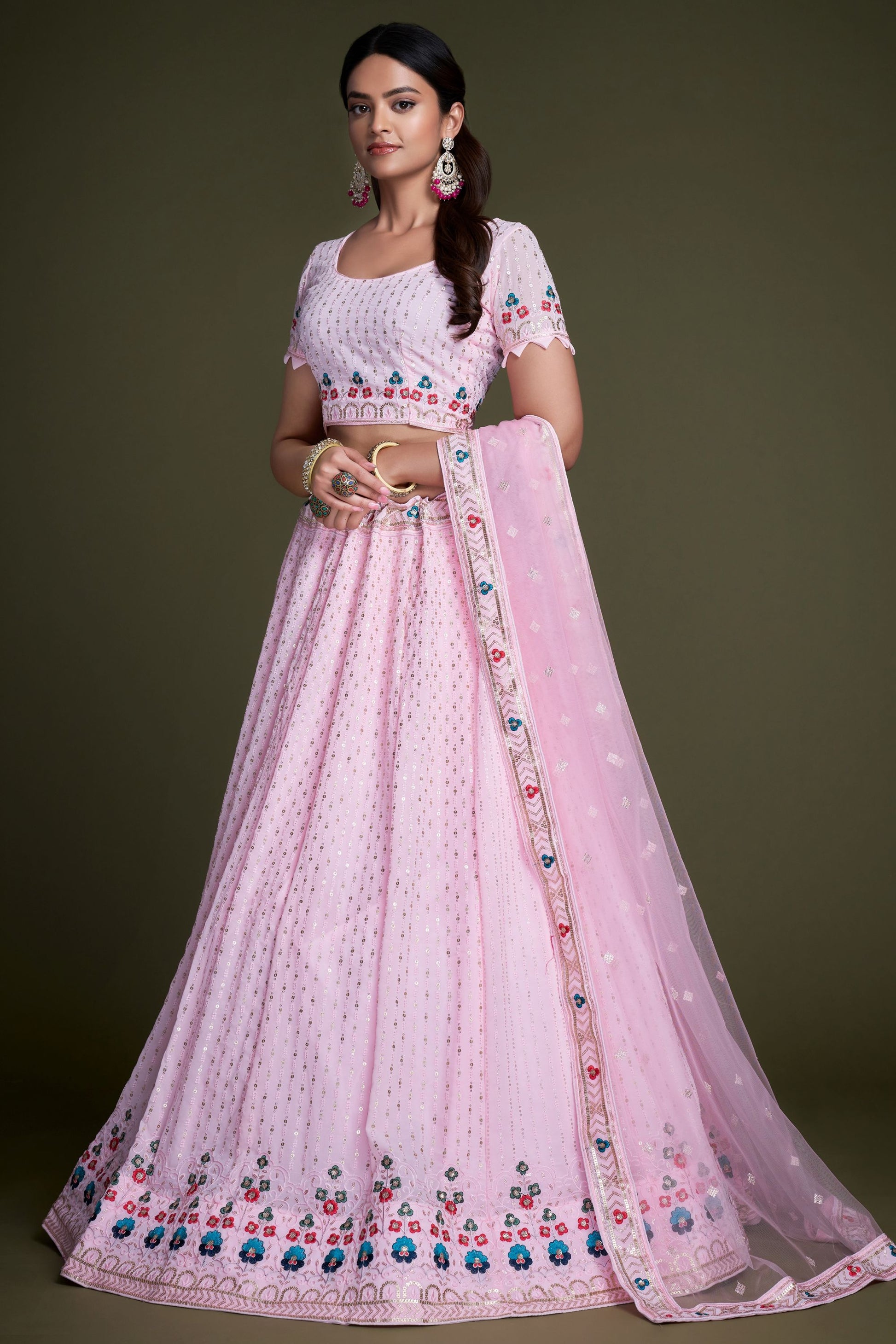 Baby Pink Faux Georgette Lehenga Choli With Embroidery & Sequence Worked Dupatta, Floral Outfit Wear Trendy Lehenga Choli - Marriott Fashion