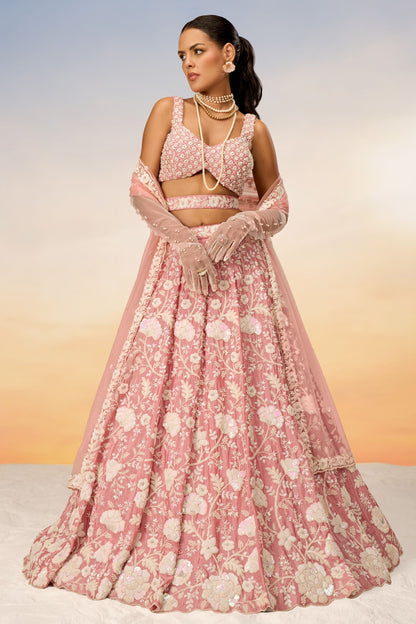 Rose Gold Poly Georgette Stone Worked Engagement Wear Lehenga Choli