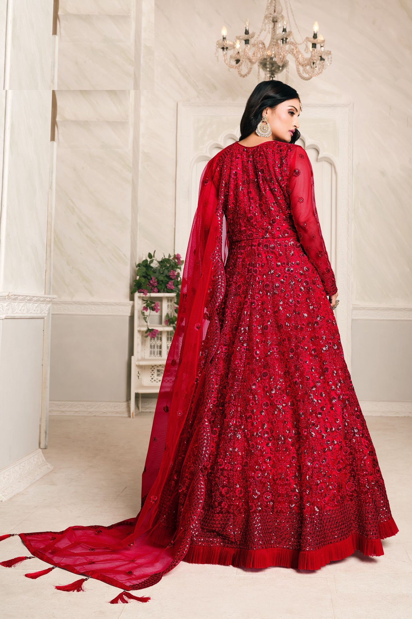 Attractive Red Heavy Net Embroidery Worked Wedding & Festival Wear Anarkali Gown