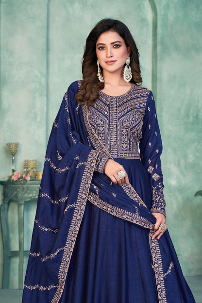 Blue Art Silk Heavy Embroidery Worked Wedding& Festival Wear Long Salwar Kameez