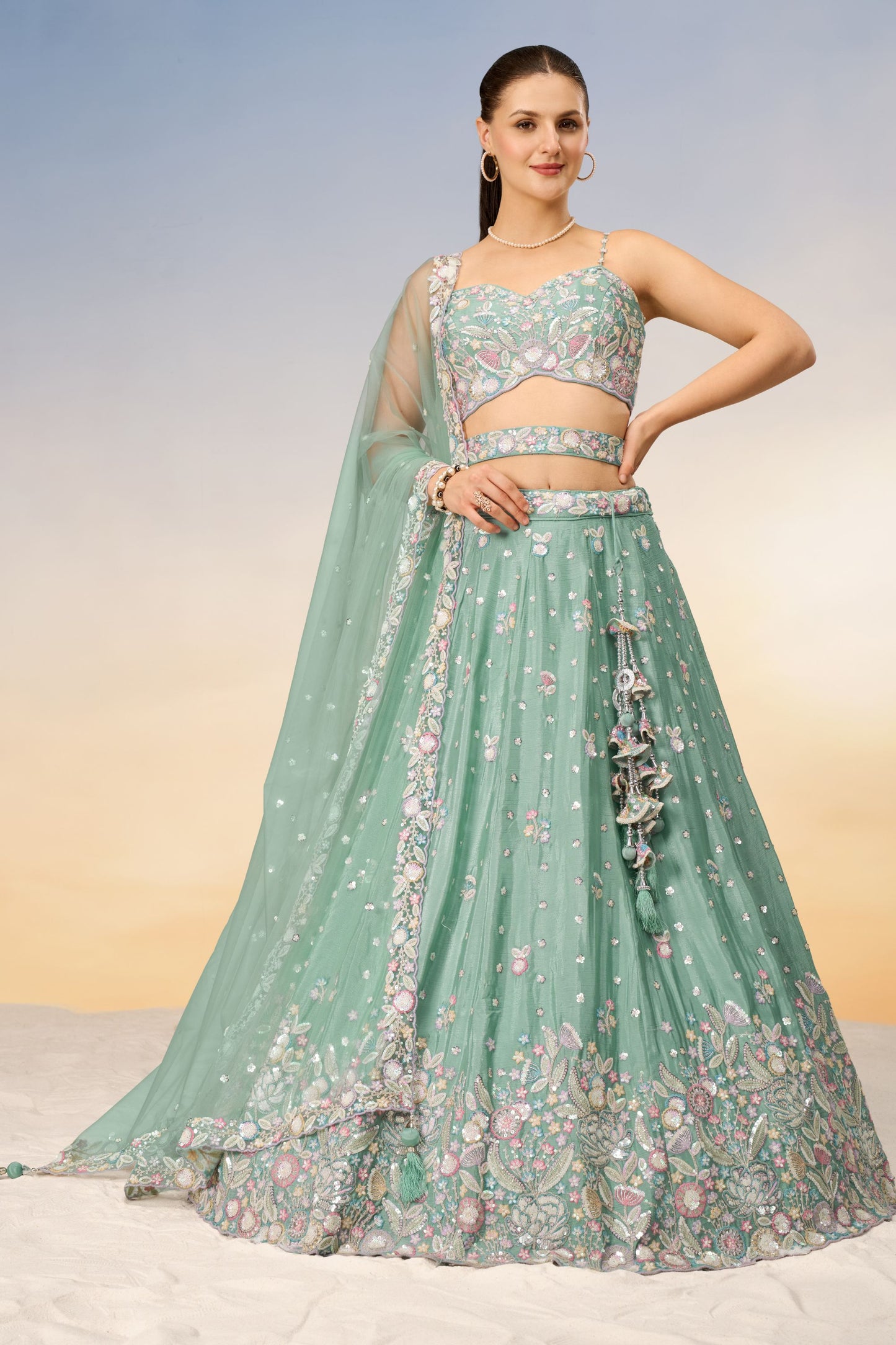 LimeGreen Poly Chiffon Thread Worked Wedding &Engagement Wear Attractive Lehenga Choli