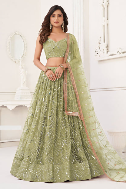 Pista Green Butterfly Net Lehenga Choli With Embroidered Dupatta, Engagement Outfit Wear Beautiful Lehenga Choli - Marriott Fashion