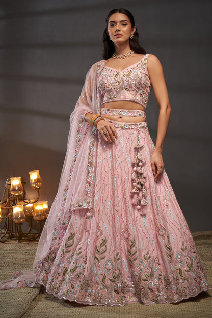 Pink Heavy Chiffon Embroidery Worked Wedding Function Wear Lehenga Choli