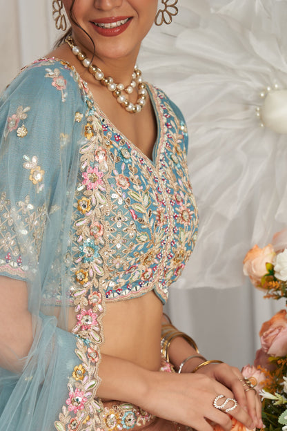 Turquoiseblue Tissue Silk Moti& Embroidery Worked Wedding Function Wear Lehenga Choli