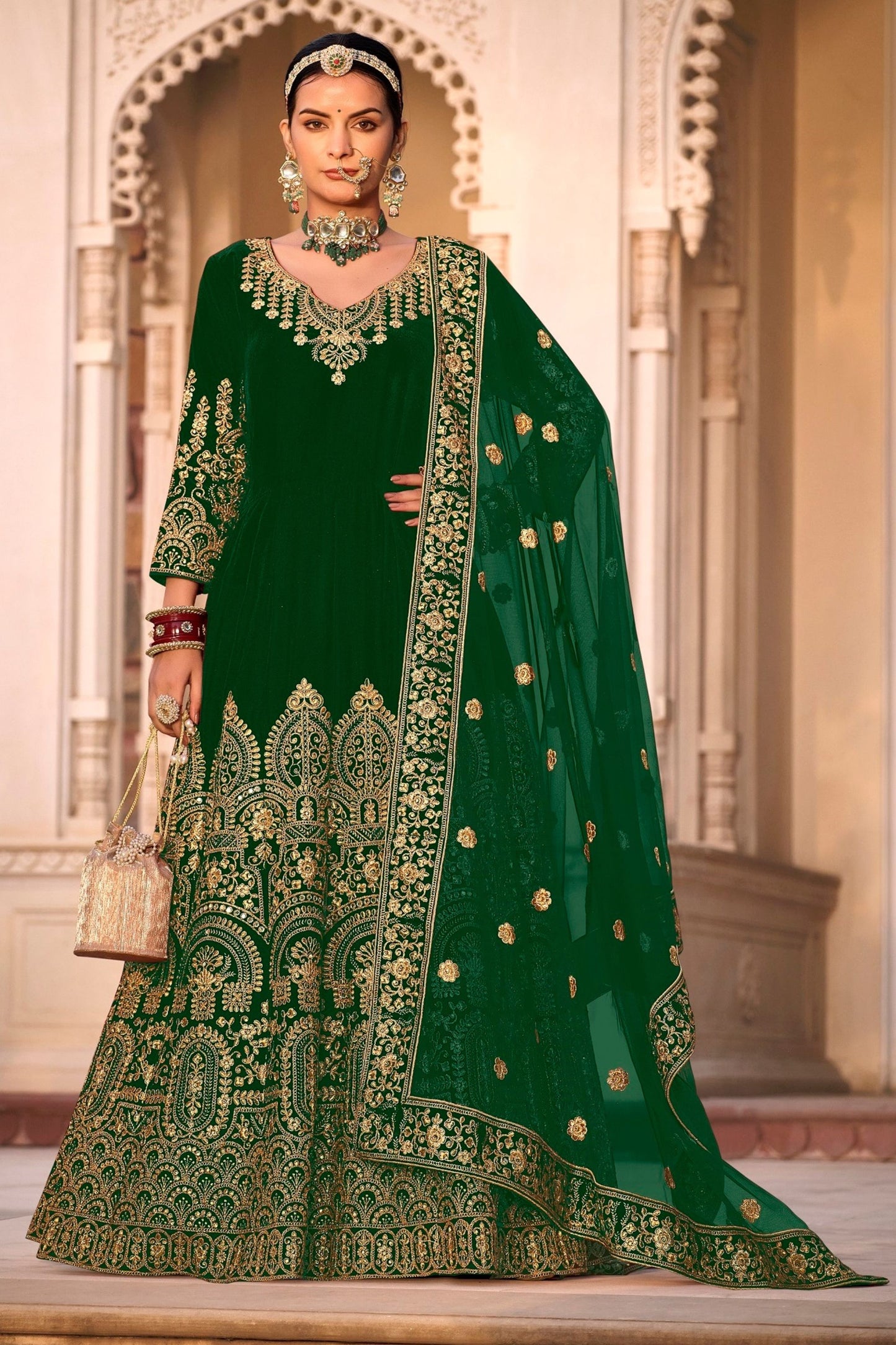 Green 9000 Velvet Embroidery Worked For Indian Wedding & Festival Anarkali Gown