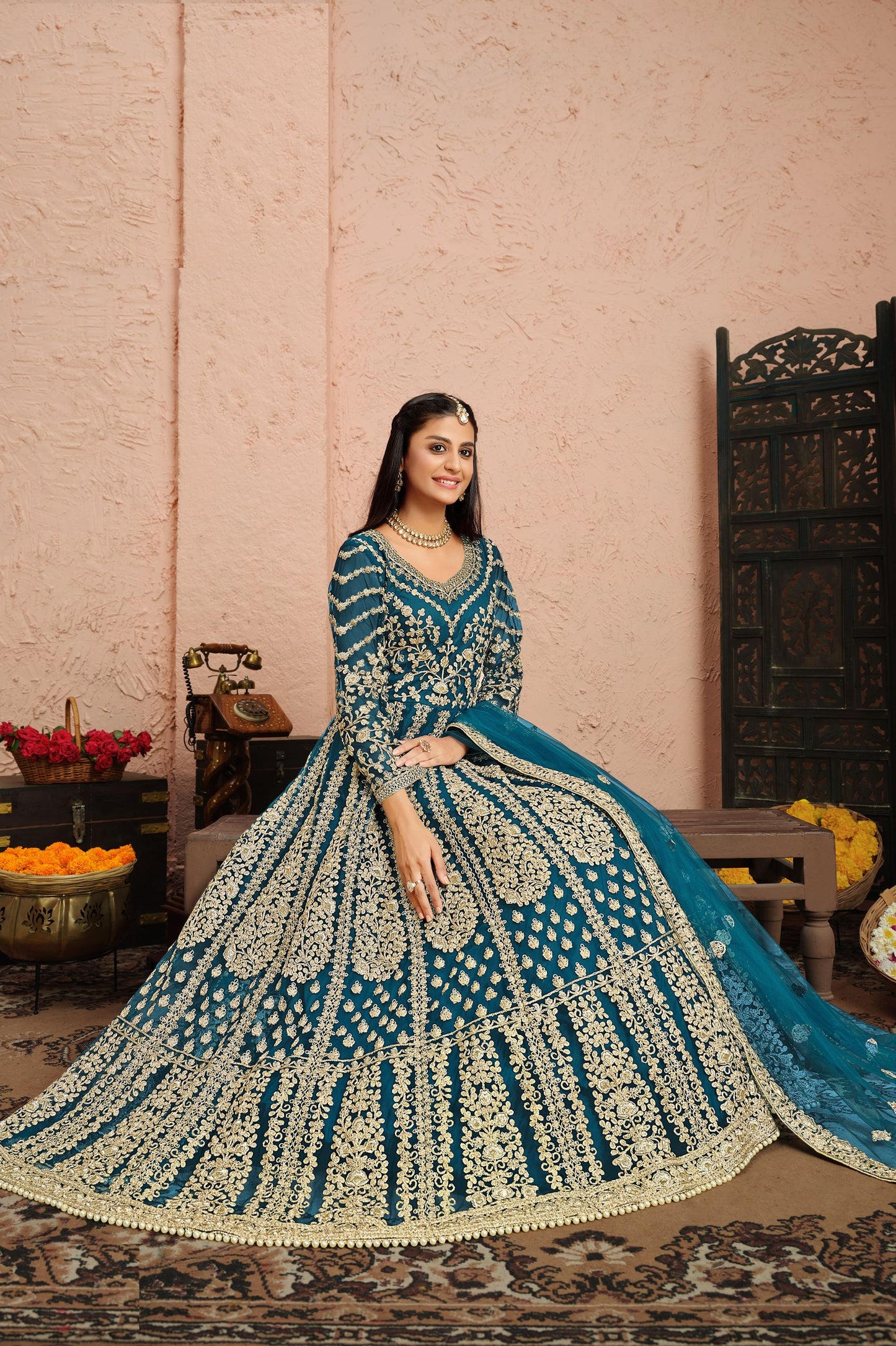 Blue Heavy Net Embroidery Worked Pakistani Wedding & Function Wear Anarkali Gown