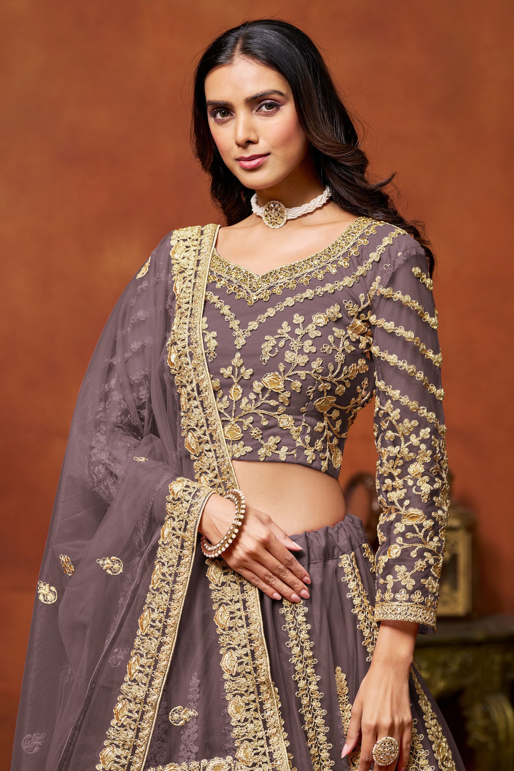 Purple Colored Heavy Net Lehenga With Embroidery & Thread Worked Designer Dupatta - Marriott Fashion